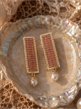 Iridescent Coral Beaded Bar Drop Earrings with Pearl Accent